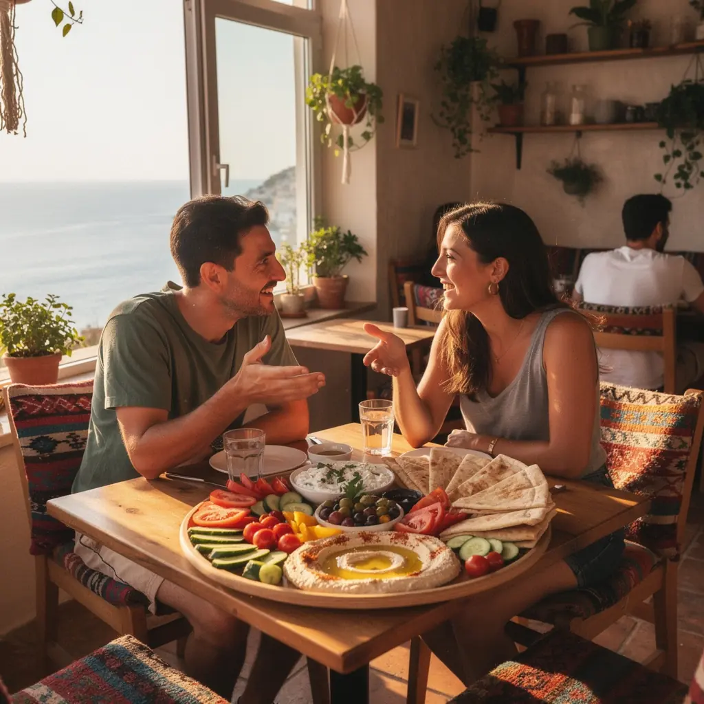 Μια οικογένεια που απολαμβάνει ένα γεύμα στην παραλία.